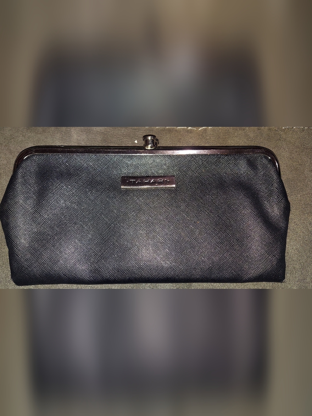 Tahari Black Textured Saffiano Clutch Wallet with Silver Hardware